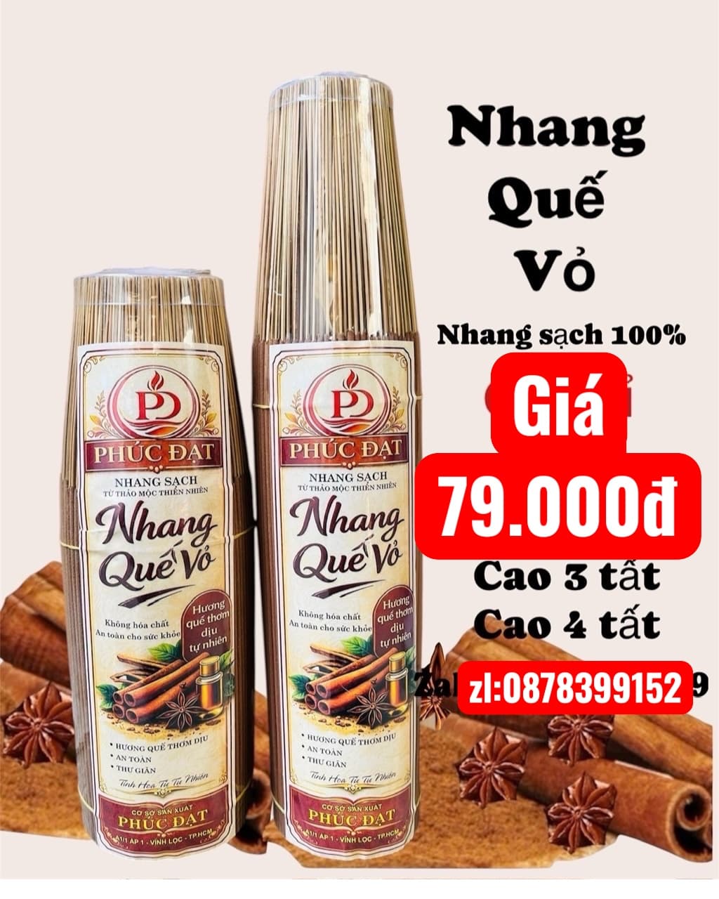 nhang quế vỏ, hương thơm đặc biệt, ít tàn ít khói, không hóa chất độc hại.