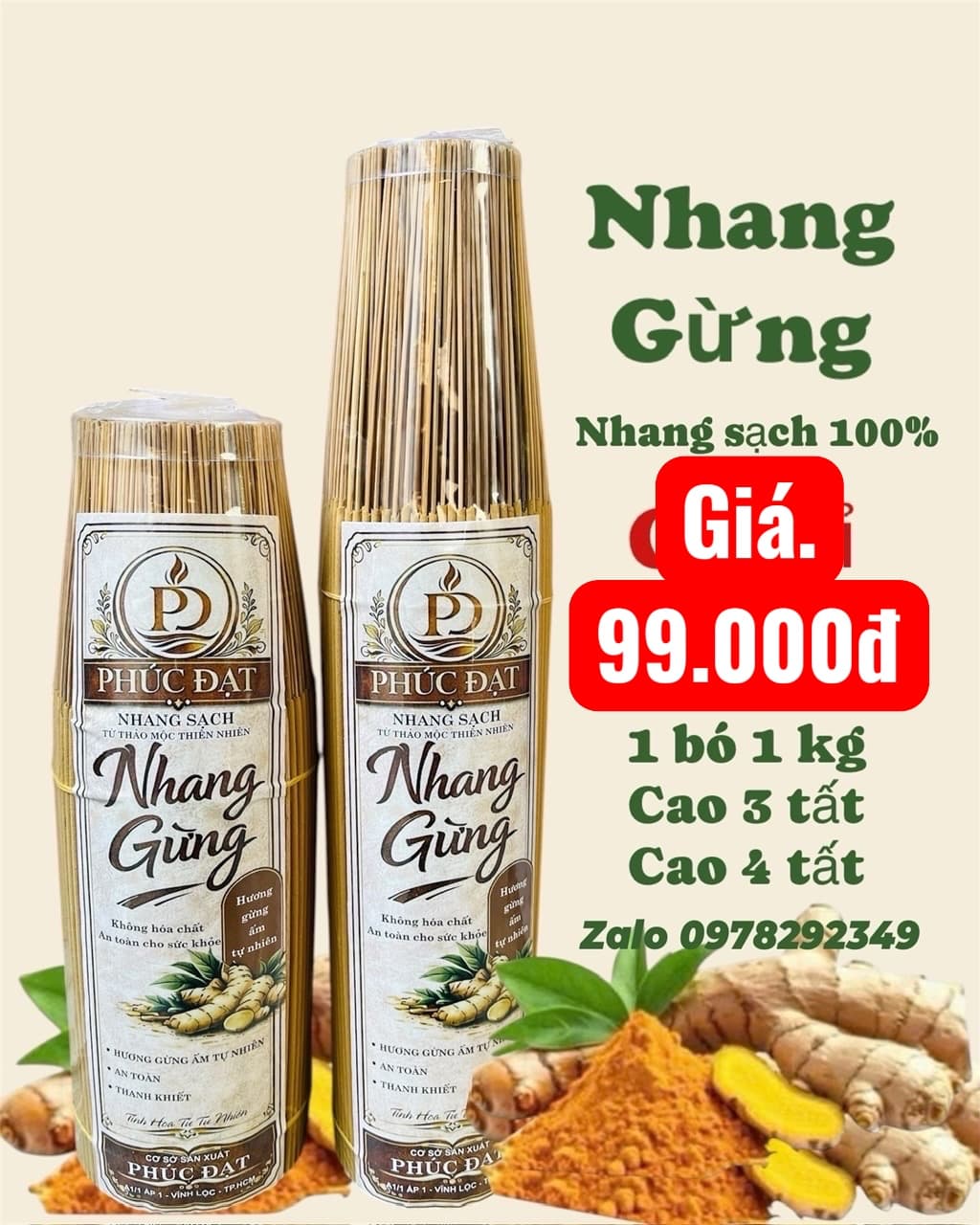 Nhang gừng, thơm ấm nhẹ, không hóa chất, ít tàn ít khói.
